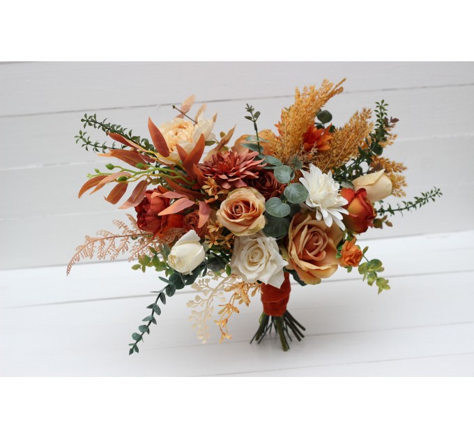 Wedding bouquets in rust orange cream colors. Bridal bouquet. Faux bouquet. Bridesmaid bouquet. 5178