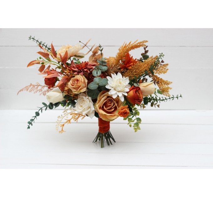 Wedding bouquets in rust orange cream colors. Bridal bouquet. Faux bouquet. Bridesmaid bouquet. 5178