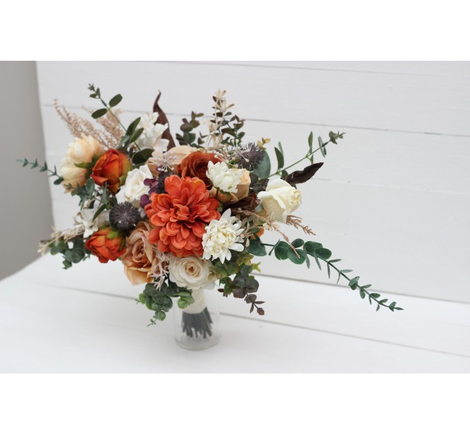 Wedding bouquets in rust orange cream colors. Bridal bouquet. Faux bouquet. Bridesmaid bouquet. 5179