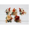 Wedding boutonnieres and wrist corsage in rust cream color scheme. Flower accessories. 5178