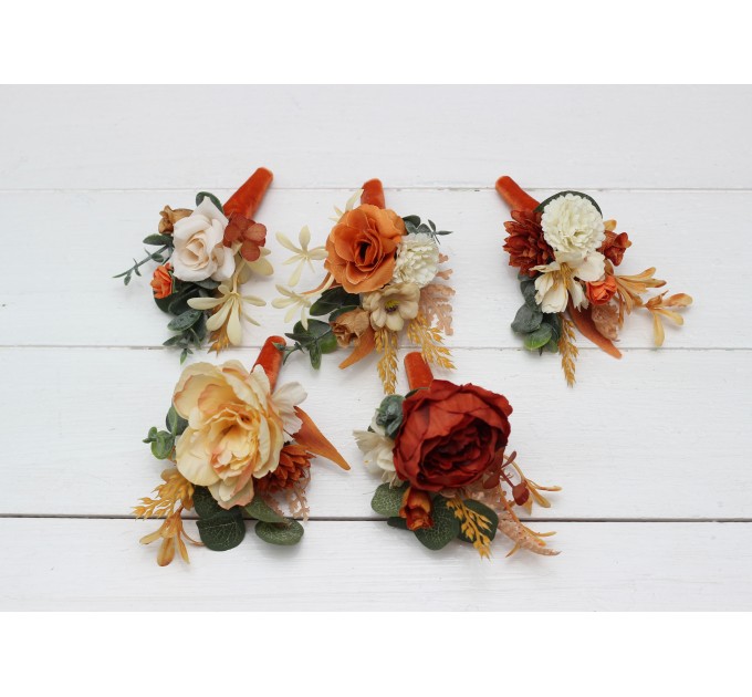 Wedding boutonnieres and wrist corsage in rust cream color scheme. Flower accessories. 5178