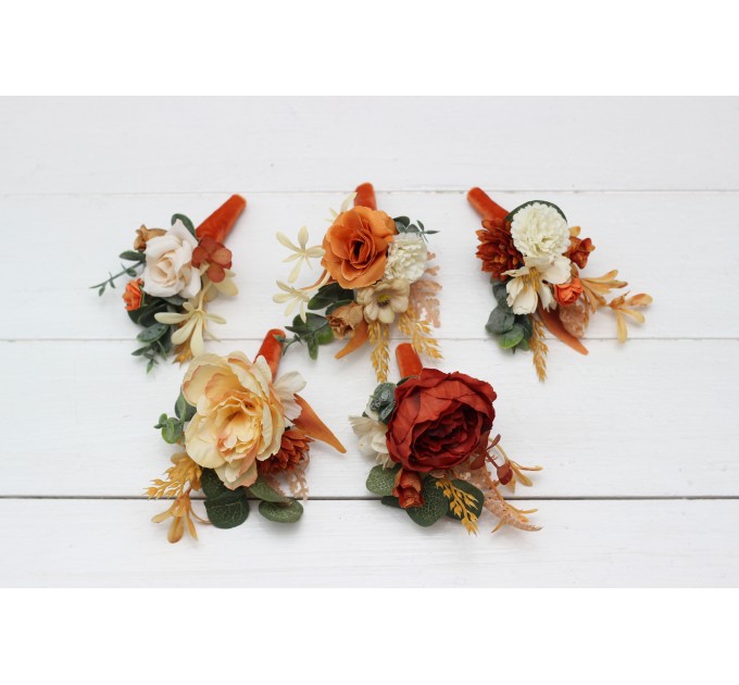 Wedding boutonnieres and wrist corsage in rust cream color scheme. Flower accessories. 5178