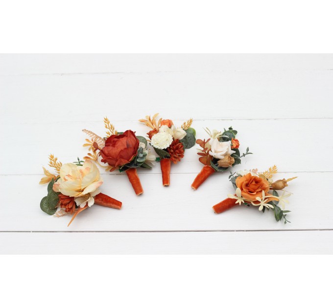 Wedding boutonnieres and wrist corsage in rust cream color scheme. Flower accessories. 5178