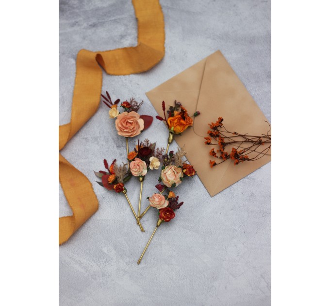 Set of 6 bobby pins in rust orange color scheme. Hair accessories. Flower accessories for wedding. 5193-8005