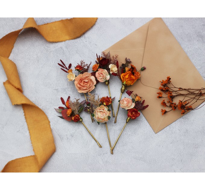 Set of 6 bobby pins in rust orange color scheme. Hair accessories. Flower accessories for wedding. 5193-8005