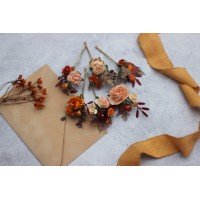  Set of  6 bobby pins in rust orange color scheme. Hair accessories. Flower accessories for wedding.  5193-8005
