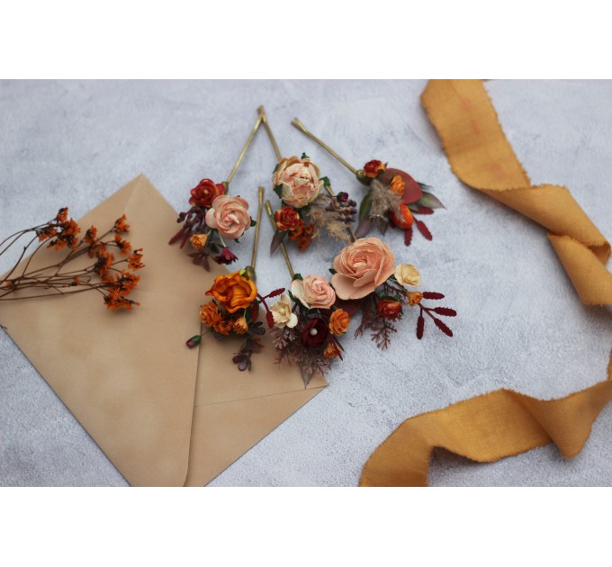 Set of 6 bobby pins in rust orange color scheme. Hair accessories. Flower accessories for wedding. 5193-8005