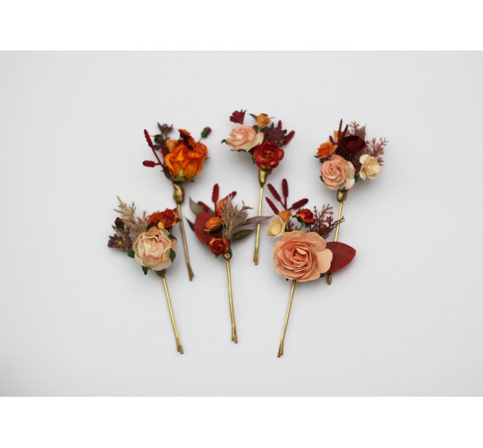 Set of 6 bobby pins in rust orange color scheme. Hair accessories. Flower accessories for wedding. 5193-8005