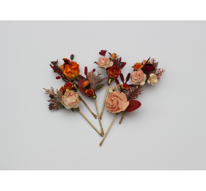 Set of 6 bobby pins in rust orange color scheme. Hair accessories. Flower accessories for wedding. 5193-8005