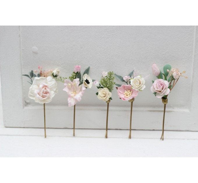  Set of  5 bobby pins in  white and pink color scheme. Hair accessories. Flower accessories for wedding.  5189