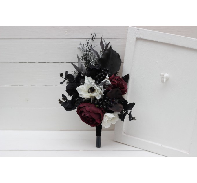 Faux bouquet. Deep purple black silver white anemone flowers. Fall bridal bouquet. Faux bouquet. Halloween wedding. 5125