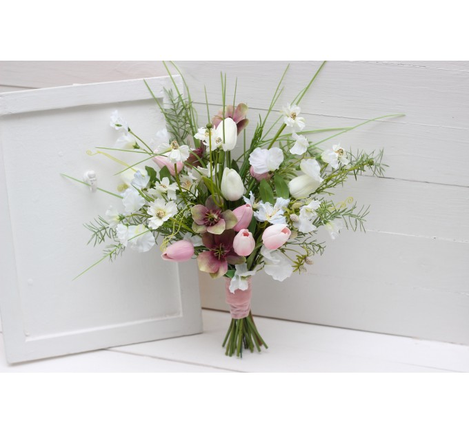 Tulip Bridal Bouquet in White & Pink | Faux Wedding Silk Flowers