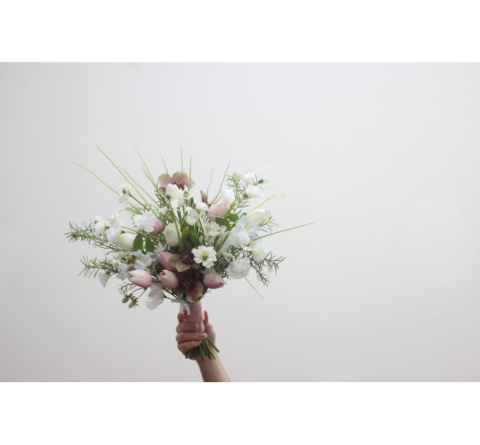 Tulip Bridal Bouquet in White & Pink | Faux Wedding Silk Flowers