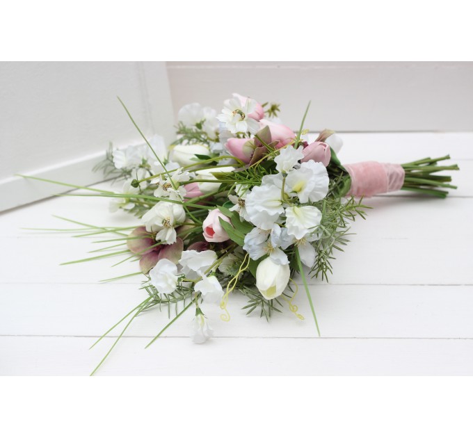 Tulip Bridal Bouquet in White & Pink | Faux Wedding Silk Flowers