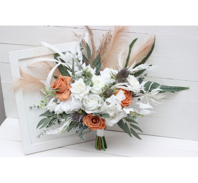 Boho pampas grass bouquet. White terracotta flowers. Bridal bouquet. Faux bouquet. Wedding flowers. Boho wedding bouquet. White roses bouquet. 5186