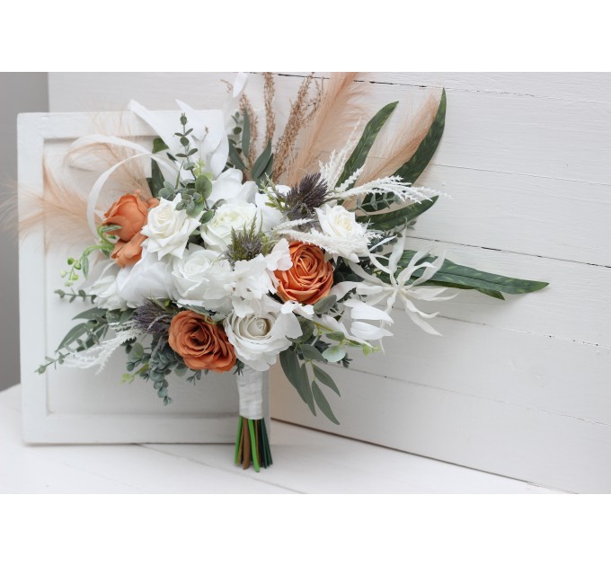 Boho pampas grass bouquet. White terracotta flowers. Bridal bouquet. Faux bouquet. Wedding flowers. Boho wedding bouquet. White roses bouquet. 5186