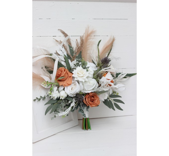 Boho pampas grass bouquet. White terracotta flowers. Bridal bouquet. Faux bouquet. Wedding flowers. Boho wedding bouquet. White roses bouquet. 5186