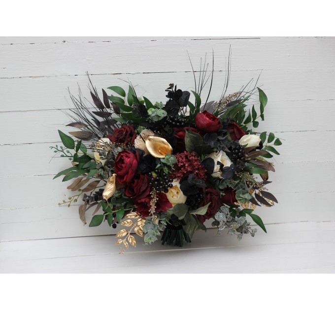Burgundy, Black, Gold, and Ivory Wedding Bouquets – Bridal and Cascading Faux Bouquets