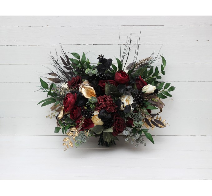 Burgundy, Black, Gold, and Ivory Wedding Bouquets – Bridal and Cascading Faux Bouquets