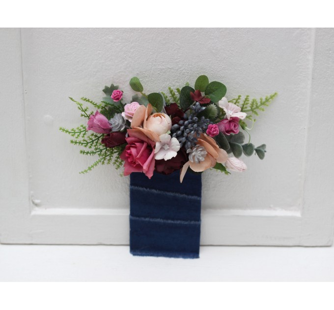 Pocket Boutonniere in Burgundy, Dusty Rose & Blue | Faux Flower Accessories