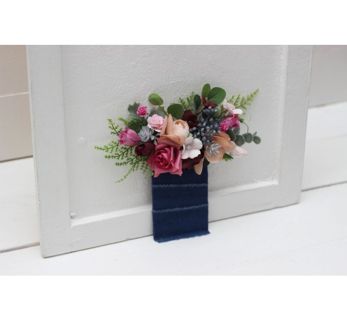 Pocket Boutonniere in Burgundy, Dusty Rose & Blue | Faux Flower Accessories