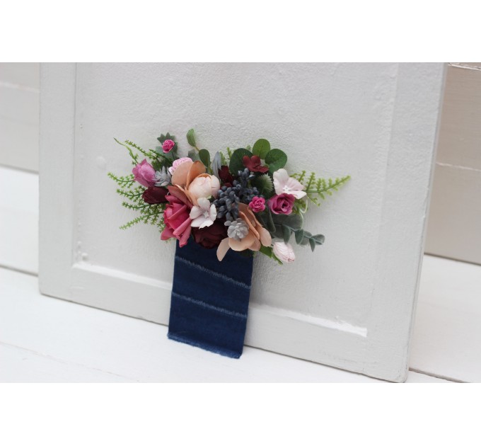 Pocket Boutonniere in Burgundy, Dusty Rose & Blue | Faux Flower Accessories