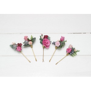 Set of 5 bobby pins in  dusty rose burgundy blue color scheme. Hair accessories. Flower accessories for wedding.  5188