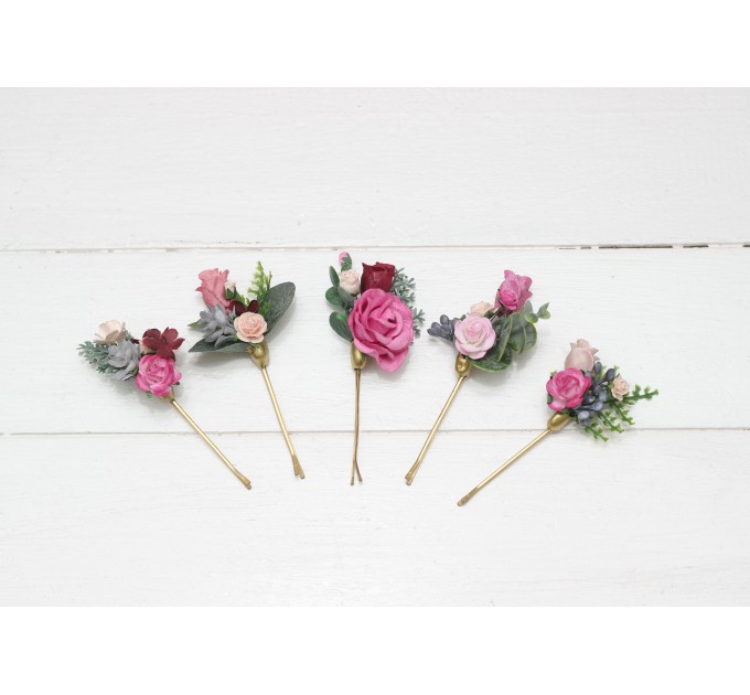Set of 5 bobby pins in dusty rose burgundy blue color scheme. Hair accessories. Flower accessories for wedding. 5188