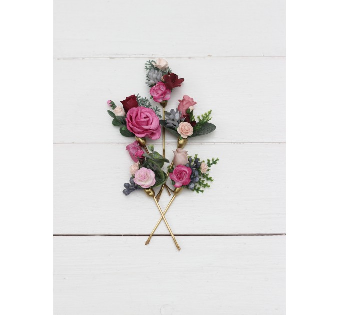 Set of 5 bobby pins in dusty rose burgundy blue color scheme. Hair accessories. Flower accessories for wedding. 5188