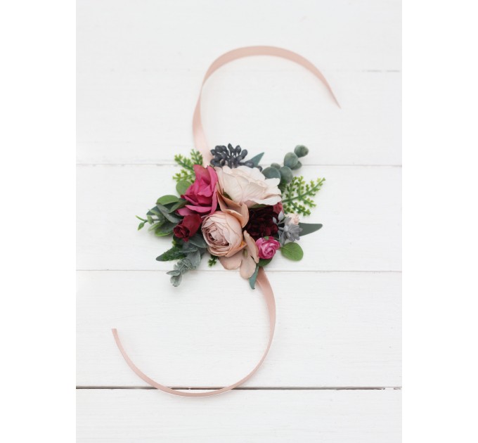 Wedding Boutonnieres & Wrist Corsage in Dusty Rose, Burgundy & Blue | Faux Flower Accessories