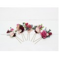 Set of 5 hair pins in dusty rose burgundy blue color scheme. Hair accessories. Flower accessories for wedding. 5188