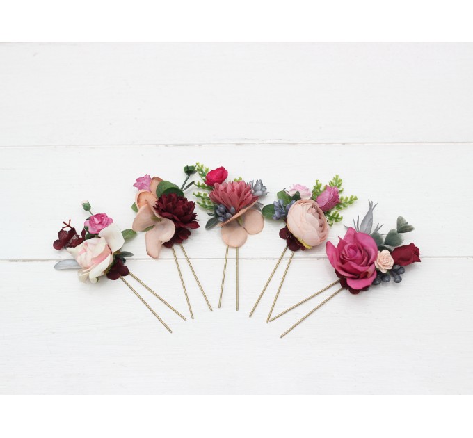 Set of 5 hair pins in dusty rose burgundy blue color scheme. Hair accessories. Flower accessories for wedding. 5188