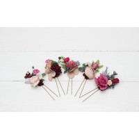  Set of 5 hair pins in  dusty rose burgundy blue color scheme. Hair accessories. Flower accessories for wedding.  5188