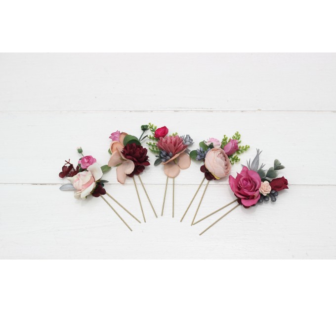  Set of 5 hair pins in  dusty rose burgundy blue color scheme. Hair accessories. Flower accessories for wedding.  5188
