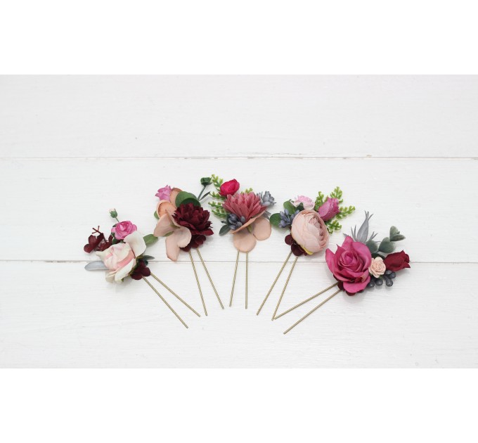 Set of 5 hair pins in dusty rose burgundy blue color scheme. Hair accessories. Flower accessories for wedding. 5188