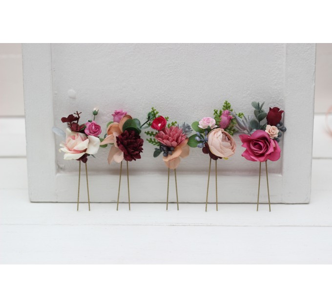 Set of 5 hair pins in dusty rose burgundy blue color scheme. Hair accessories. Flower accessories for wedding. 5188