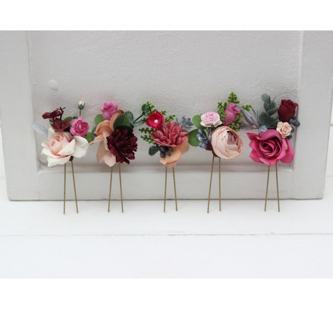 Set of 5 hair pins in dusty rose burgundy blue color scheme. Hair accessories. Flower accessories for wedding. 5188