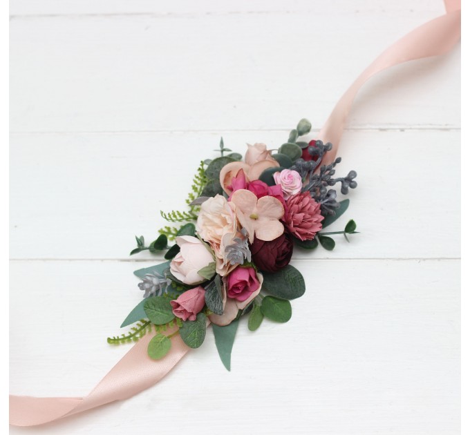 Dusty rose burgundy blue flower belt for wedding. Floral sash. Bridal belt. Flower girl belt. 5188