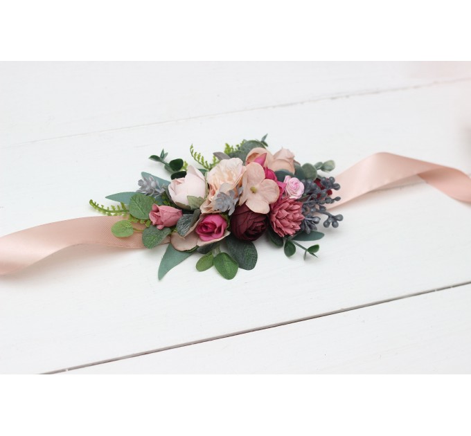 Dusty rose burgundy blue flower belt for wedding. Floral sash. Bridal belt. Flower girl belt. 5188