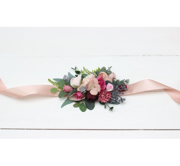 Dusty rose burgundy blue flower belt for wedding. Floral sash. Bridal belt. Flower girl belt. 5188