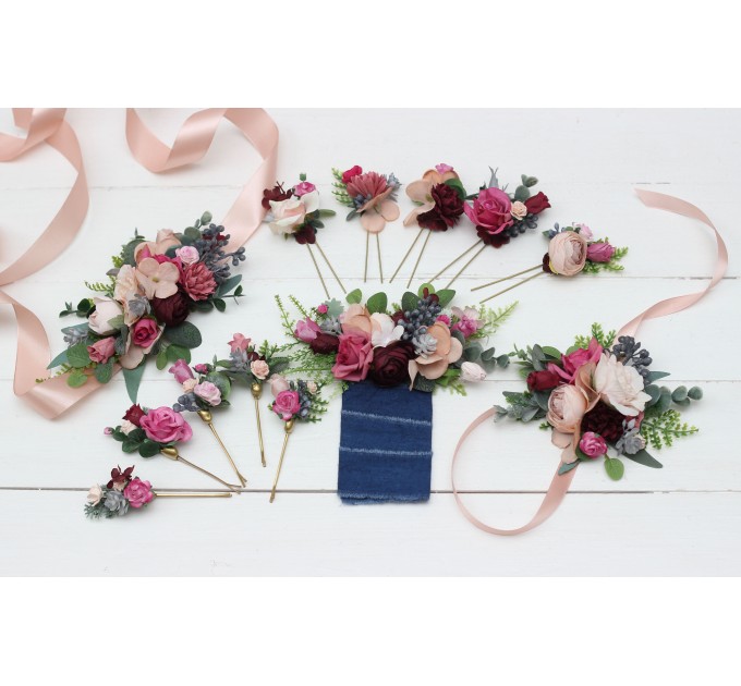 Set of 5 hair pins in dusty rose burgundy blue color scheme. Hair accessories. Flower accessories for wedding. 5188