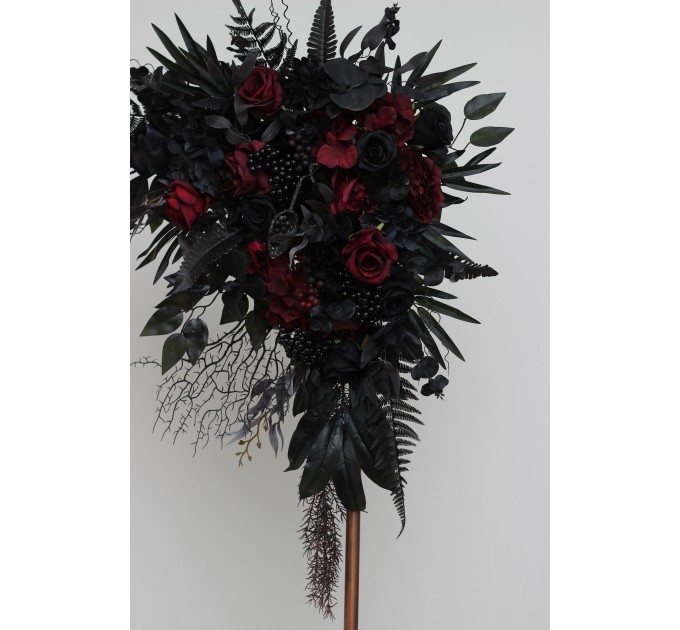  Flower arch arrangement in black and  burgundy colors.  Arbor flowers. Floral archway. Faux flowers for wedding arch. Halloween wedding. 5197