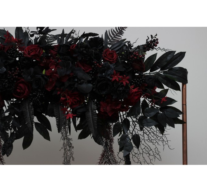  Flower arch arrangement in black and  burgundy colors.  Arbor flowers. Floral archway. Faux flowers for wedding arch. Halloween wedding. 5197