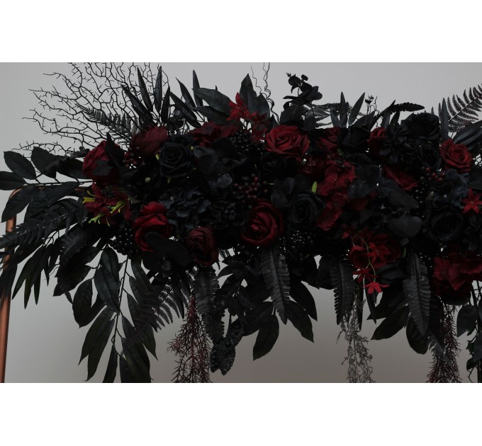  Flower arch arrangement in black and  burgundy colors.  Arbor flowers. Floral archway. Faux flowers for wedding arch. Halloween wedding. 5197