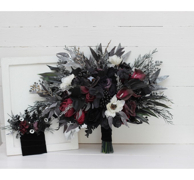 Deep Purple, Black, Silver, and White Anemone Wedding Bouquets – Gothic & Halloween Bridal Designs