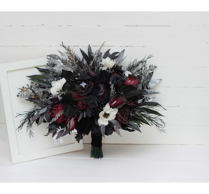 Deep Purple, Black, Silver, and White Anemone Wedding Bouquets – Gothic & Halloween Bridal Designs