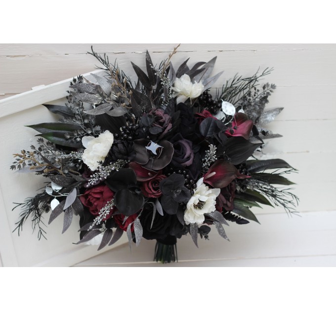 Deep Purple, Black, Silver, and White Anemone Wedding Bouquets – Gothic & Halloween Bridal Designs
