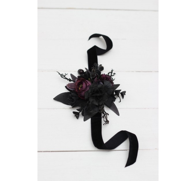 Wedding Boutonnieres & Wrist Corsage in Black & Purple | Faux Flower Accessories