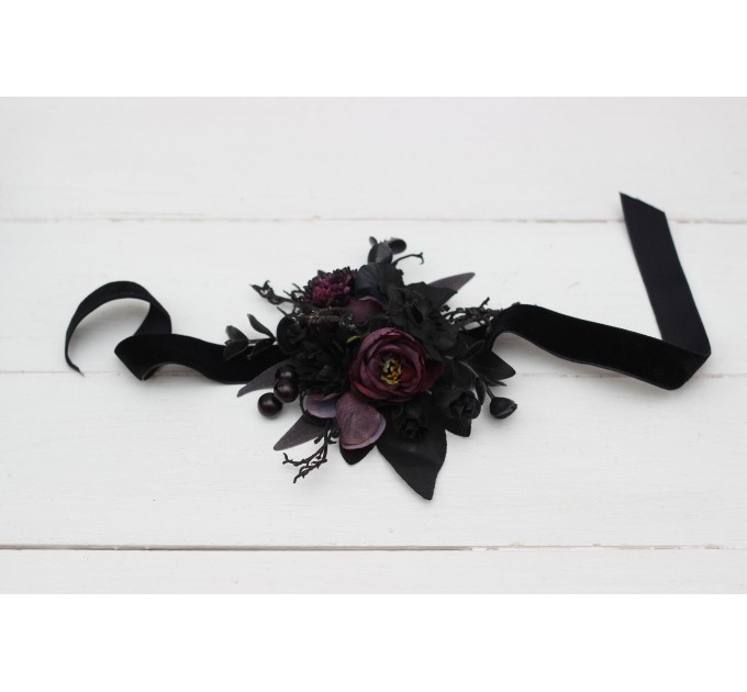 Wedding Boutonnieres & Wrist Corsage in Black & Purple | Faux Flower Accessories