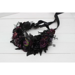 Large black purple flower crown for Halloween. dramatic hair wreath. Gothic flower crown. Dark wedding flowers. 5070